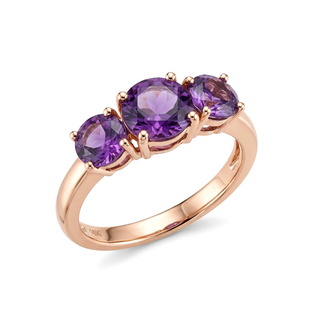 Anel Trilogia em Ouro Rosé 18k com Ametistas Redondas