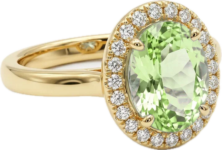 Anel em Ouro Amarelo 18k com Peridoto Oval e Halo de Diamantes