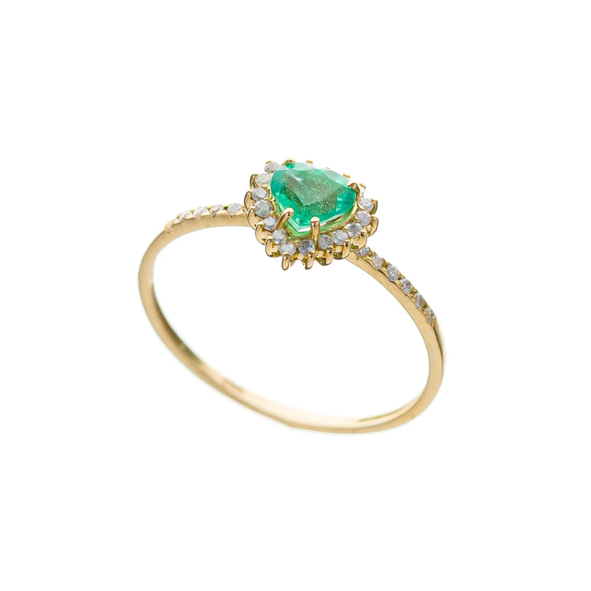 Anel em Ouro Amarelo com Coracao de Esmeralda e Brilhantes