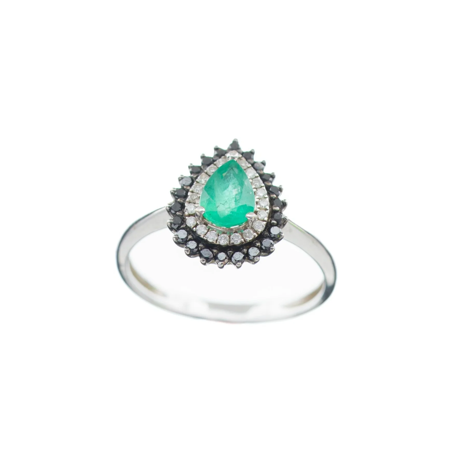 Anel em Ouro Branco com Gota de Esmeralda e Brilhantes Negros e Brancos